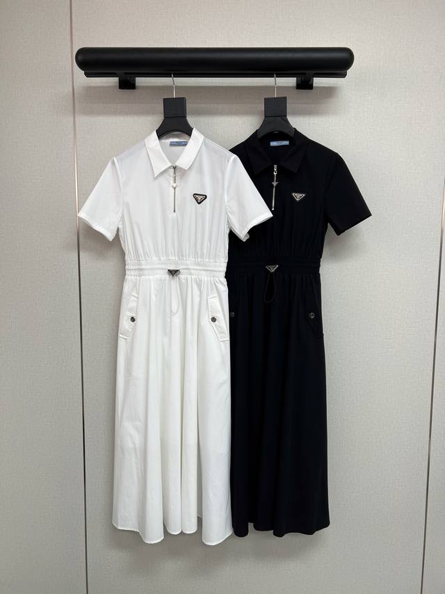 High quality Prada* 25Ss new short-sleeved dress solid color versatile waist sli