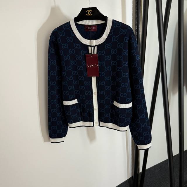 Style No. 20253904 Gucc* New Gg Letter Round Neck Long Sleeve Knit Cardigan, Blu