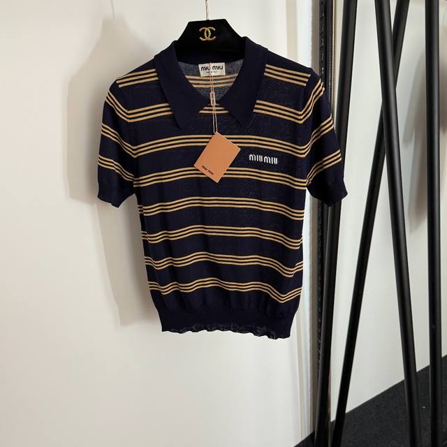 Style No. 20253898 Miumi* new color matching striped lapel pullover short-sleeve