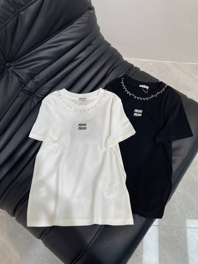 Miumi*25 new spring and summer heavy-duty diamond short-sleeved T-shirt, importe