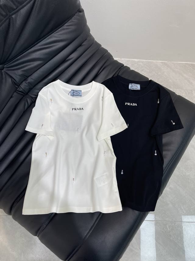 Prada*25 new spring and summer heavy-duty diamond short-sleeved T-shirt, importe