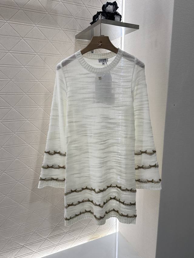 Chane*2025 New arrivals Gold thread embroidered knitted long-sleeved dress Custo