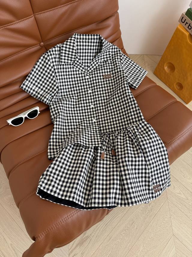 Girly Miu Plaid 25 New Leather Letter Logo Decorated Plaid Suit Lapel Shirt with