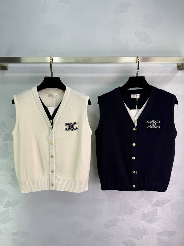 Ce*25 Spring and summer new knitted vest, chest logo embroidery with rhinestones