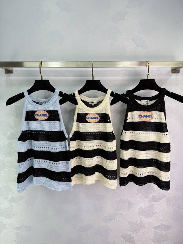 Ch*25 Spring and summer new striped knitted vest with black, white and blue colo