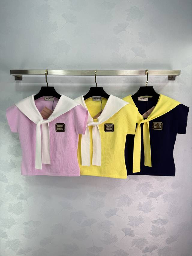 Miu *25 Spring/Summer new navy collar knitted short sleeves slim fit design with