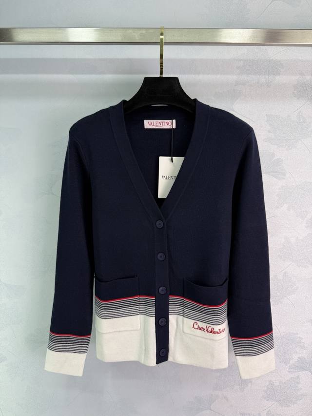 Valentino V-neck knitted cardigan, navy blue with white, contrasting stripes, ch