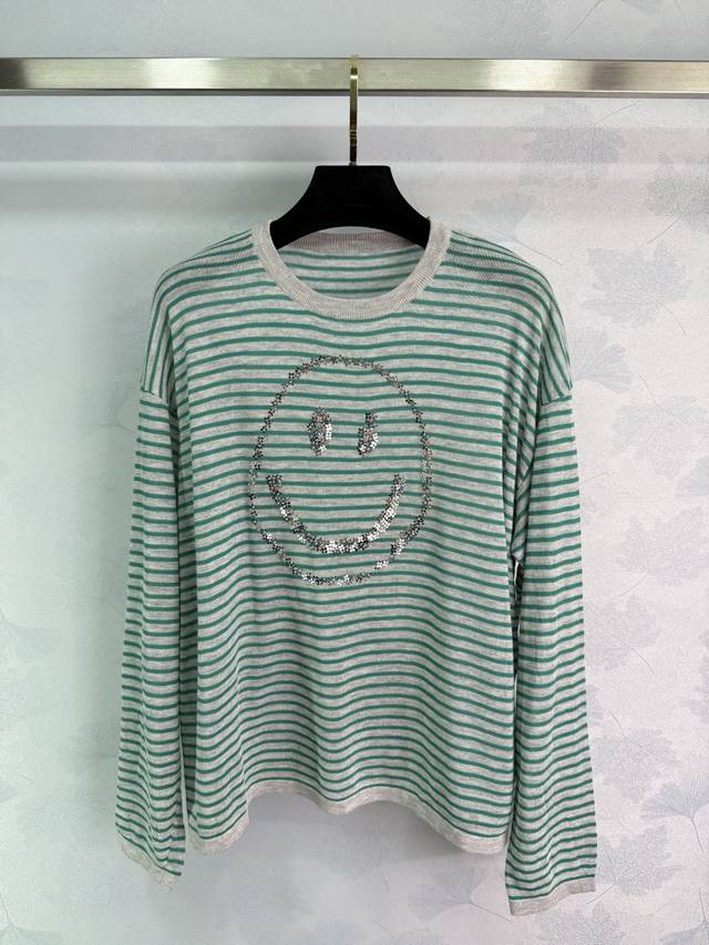 Ce*25 Spring and Summer new style green and white striped smiley face round neck