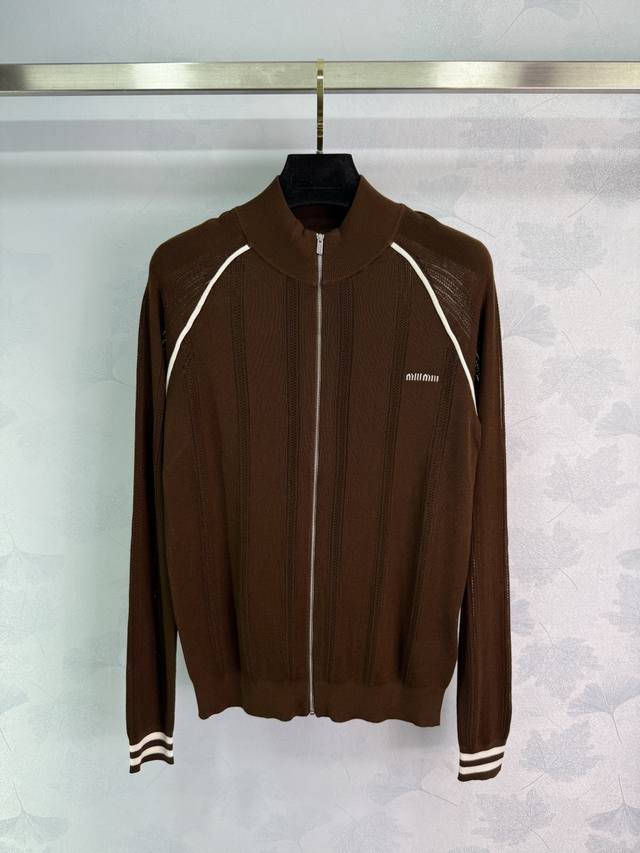 Miumi* 25Ss new spring and summer micro-logo long-sleeved zipper knitted jacket