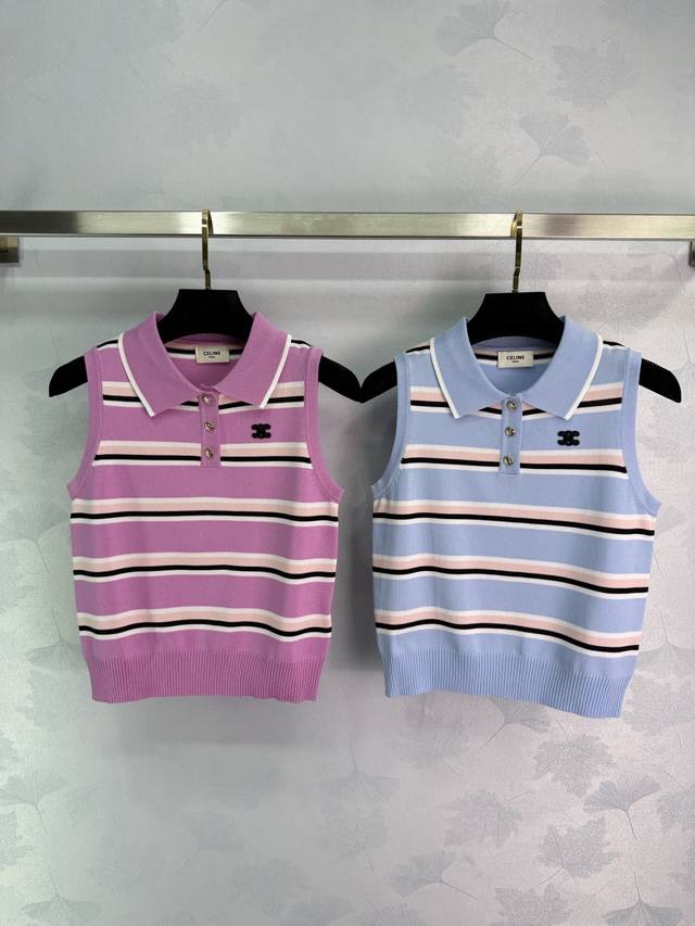 Ce*25 Spring and summer new striped knitted vest with small lapel design and thr