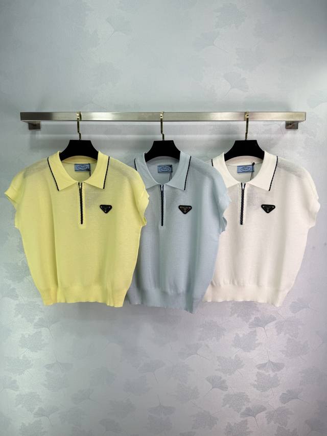 Pra*25 Spring and Summer new triangle logo knitted short sleeves, Polo collar de