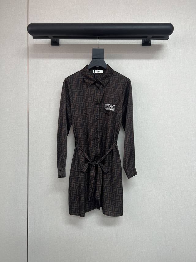 High quality Fendi2025 early autumn long-sleeved lapel shirt belt dress classic