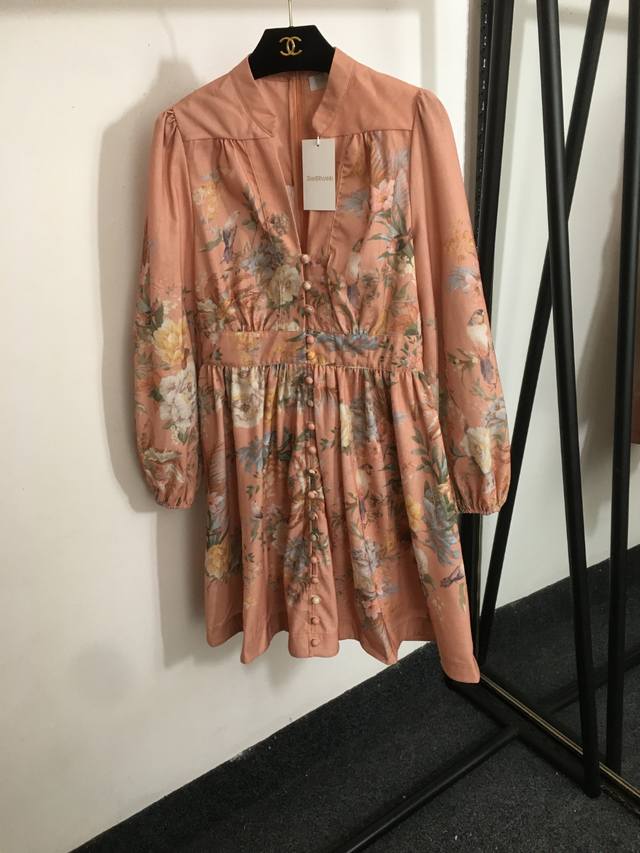 Style No. 20251721 Zimmermann new colorful flower print V-neck waist lantern lon