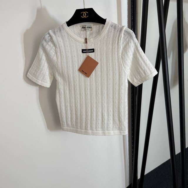 Style No. 20253871 Miumi* new collar logo patch hollow short-sleeved knitted top