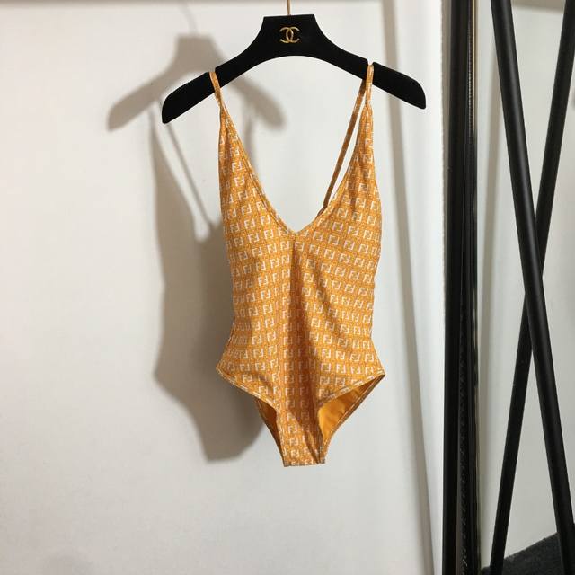 Style 4628 Fend* new F letter dotted line print halter back swimsuit, yellow, S-