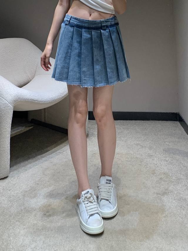 Miumi*2025 Spring and Summer New Retro Letter Embroidery Denim Pleated Skirt | E