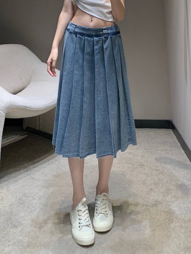 Miumi*2025 Spring and Summer New Retro Letter Embroidery Denim Denim Pleated Lon