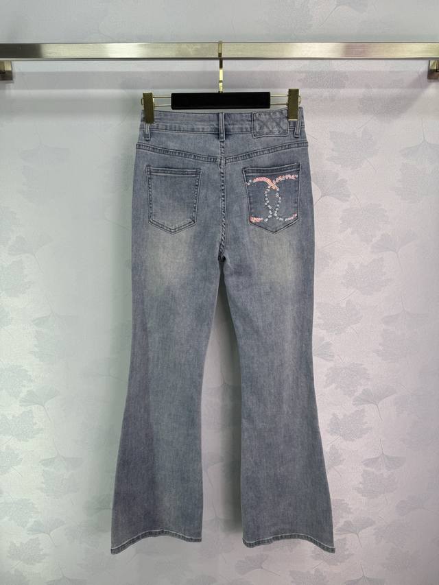 Ch*25 Spring and summer washed denim flared pants, sequined double C logo design