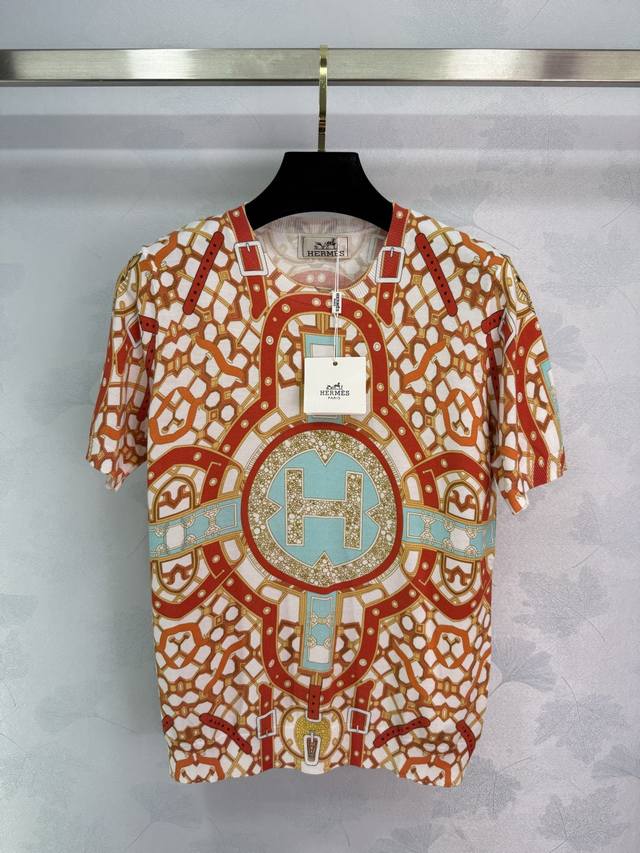 Hermes short-sleeved top, orange diamond jacquard pattern, round neck knitted fa