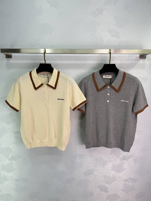 Miumi* 2025 new knitted Polo shirt, brown collar embellishment, hollow diamond p