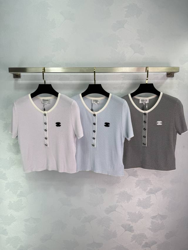 Ch*25 Spring and summer new striped knitted short sleeves, classic double C logo