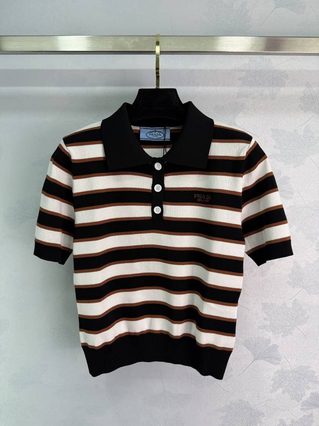 Prad* 2025 Spring and Summer latest series! Lapel striped knitted short sleeves!