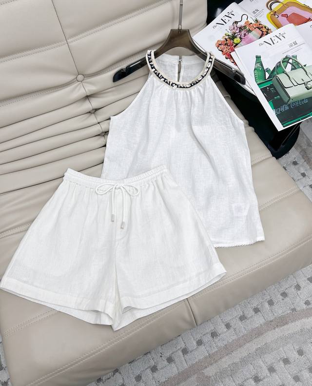 25Ss new holiday style sleeveless top and shorts two-piece set, retro woven coll