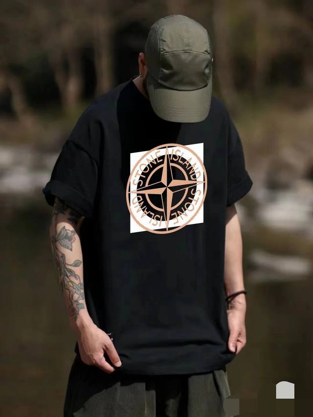 352 pure cotton 260g fabric Stone Island digital direct printing round neck shor