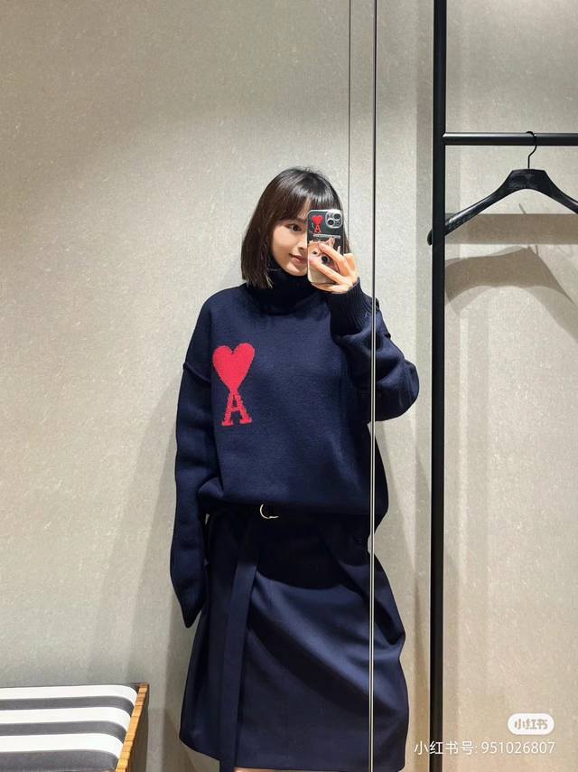 Turtleneck Ami Logo pattern jacquard ribbed turtleneck knitted pullover sweater