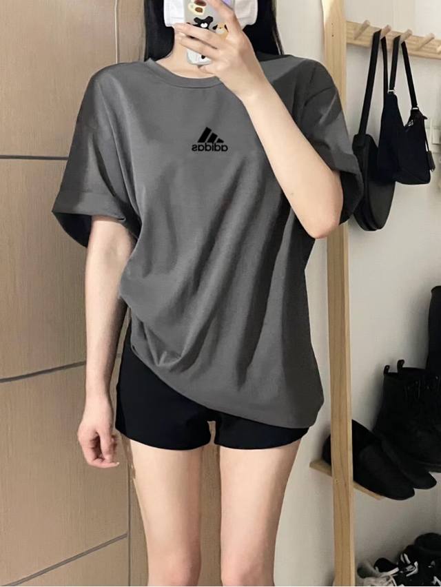 A338# Adidas pure cotton straight black label T-shirt short sleeve couple style