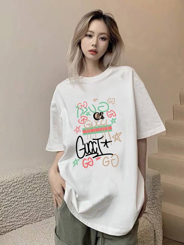 A327# Gucci colorful printed couple loose round neck short sleeves Unisex couple