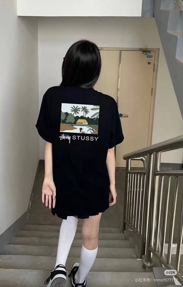 A313# Stussy Tee Island postcard print short-sleeved T-shirt for men and women T