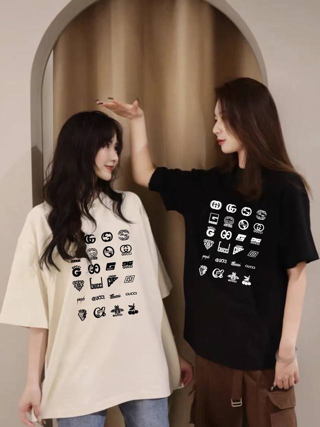 A302# Gucci Gucci full-print logo couple loose round neck short sleeves Unisex c