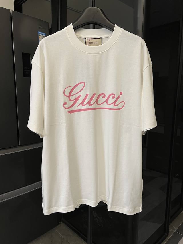 Next day Gucci 25Ss classic cursive logo short sleeve white High version heavy 2