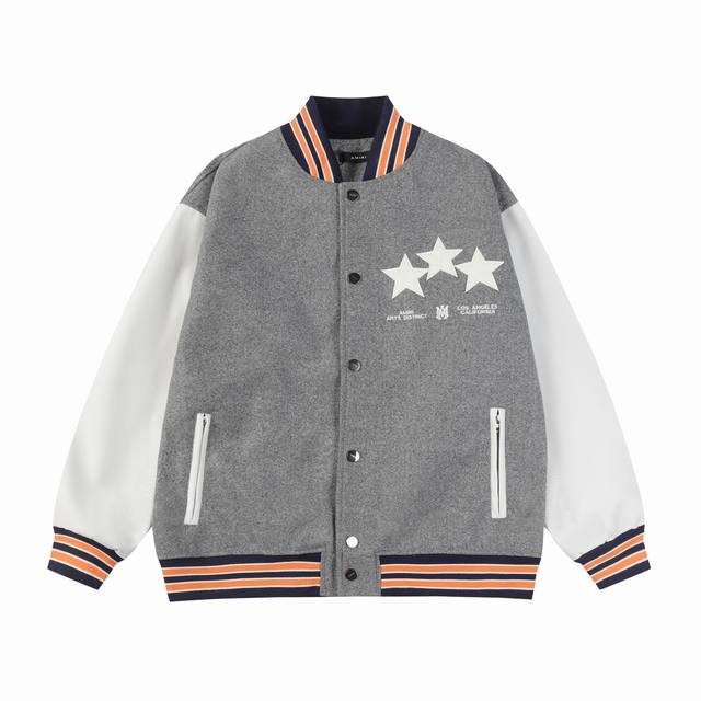 D06 Amiri Ss Star Baseball Jacket - Laser burning patchwork, pocket hardware zip