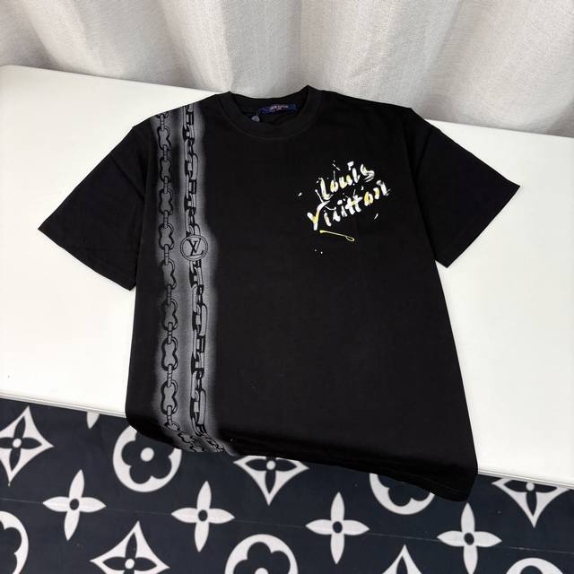 Lv Louis Vuitton Logo Print Heavy Craft Round Neck Pullover Short Sleeve Double
