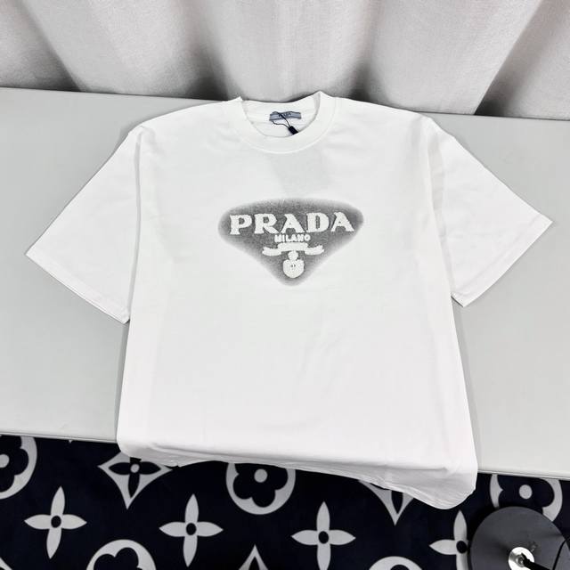 Prada Logo embroidered towel heavy craft round neck pullover short sleeves doubl