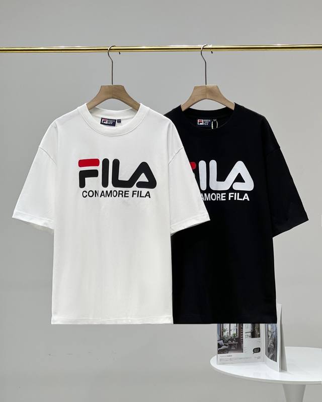New arrival!!! Fila Square Logo Classic Printed Casual Loose Couple Short Sleev