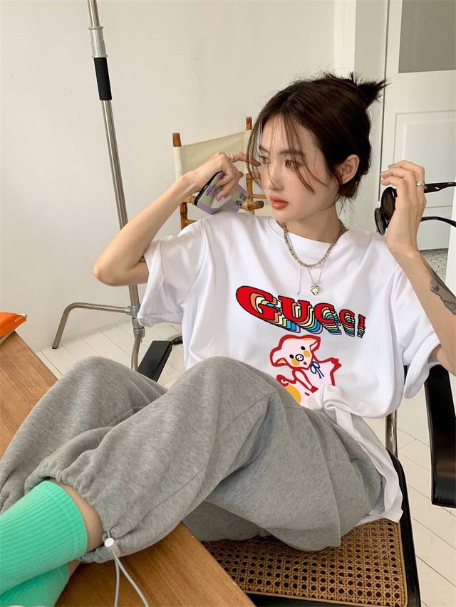 Gucci piglet letter short-sleeved top DDD