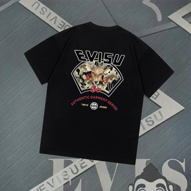 G2803 Evisu Fushen - New fan-shaped deer print short-sleeved embroidered edge ca