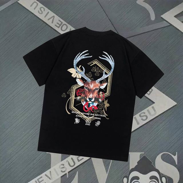 G2831 Evisu Fushen - New Deer Letter Printed Short Sleeve Casual Loose Couple St