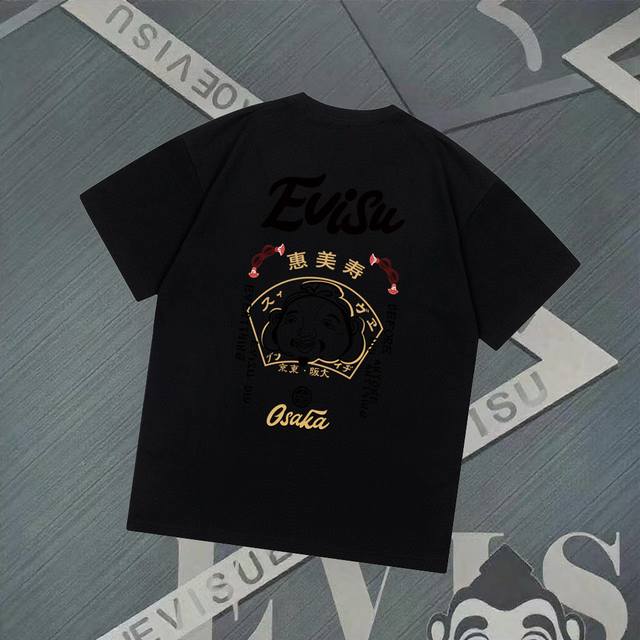G2829 Evisu Fushen - New Buddha head letter print short sleeve casual loose coup