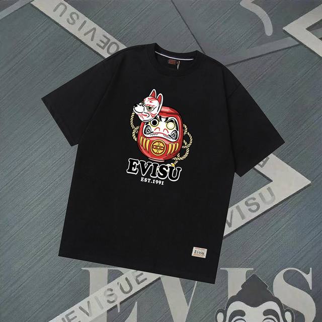 G2828 Evisu Fushen-New Daruma Printed Short Sleeve Casual Loose Couple Style Fab