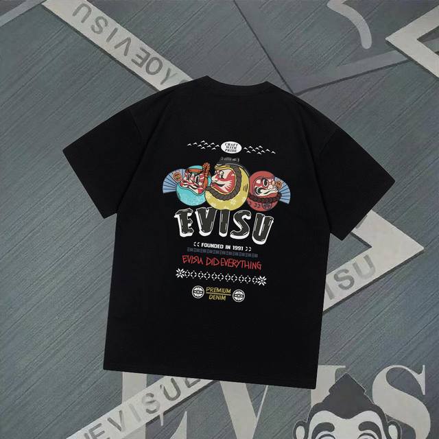 G2818 Evisu Fushen-New Small Volcano Daruma Print Short Sleeve Casual Loose Coup