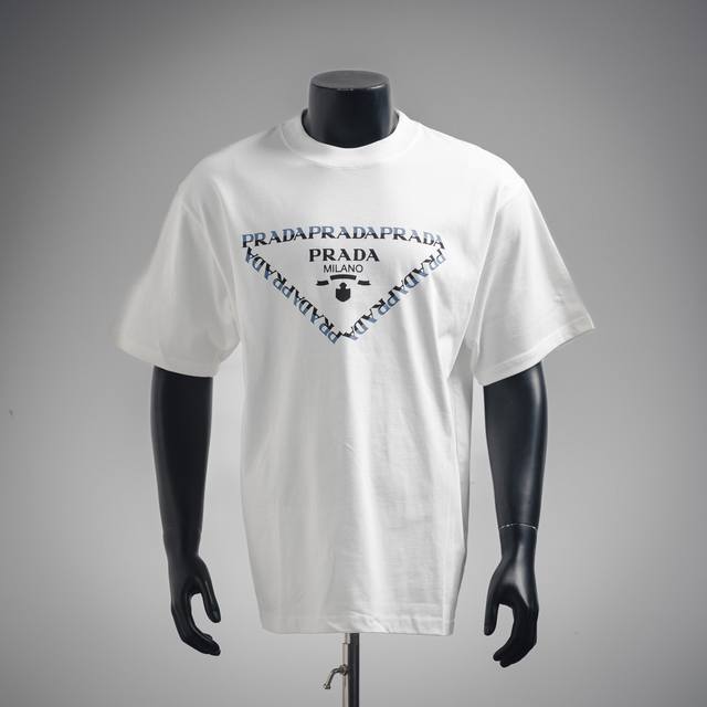 Prada 24Ss new triangle logo color matching letter short sleeve T-shirt Made of