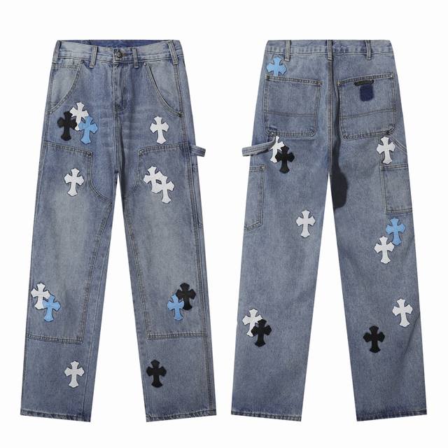 High-end jeans Model number: G2574 Chrome Hearts Ch knee cross leather B01 vers