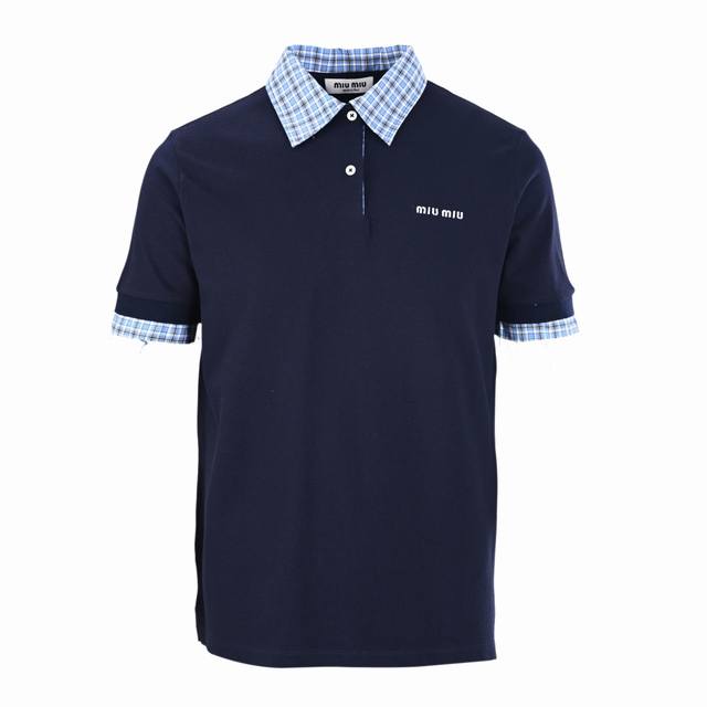 Miu Miu Mm blue plaid collar logo short-sleeved Polo shirt Authentic 9050 purcha
