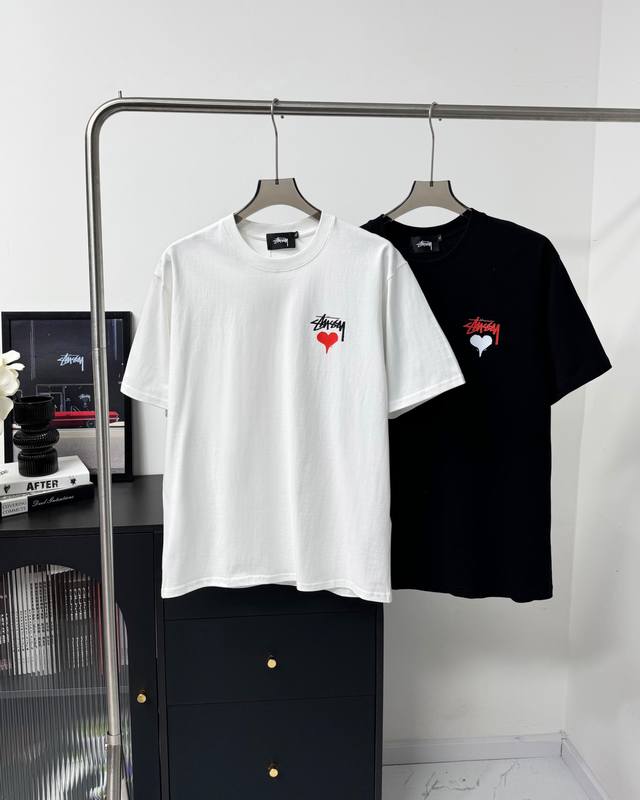 Top version Stussy unisex pure cotton heart printed Tee round neck short-sleeve
