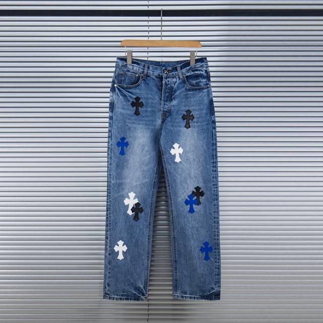 Chrome Hearts blue jeans, black, white, blue, multi-leather jeans Top version Ch