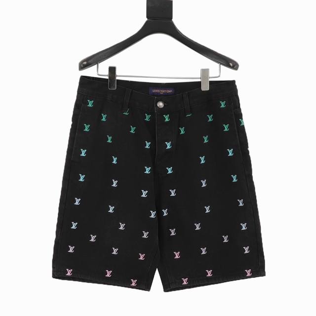 Lv Gradient Embroidered Denim Shorts Made from washed black denim, embroidered w